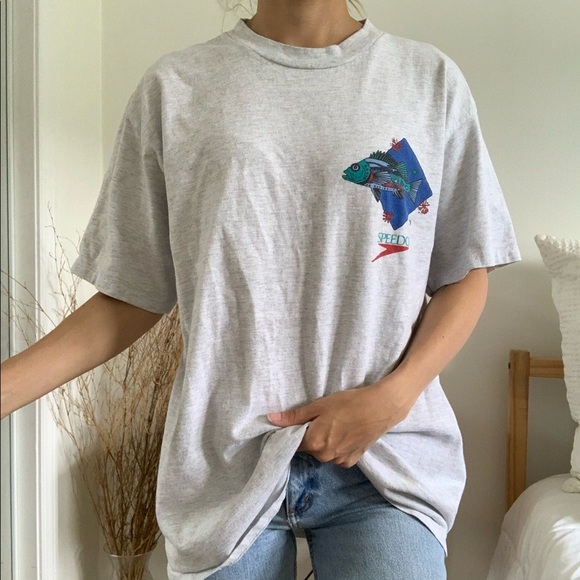 Vintage 1994 Speedo Fish Gray T-Shirt - Picture 1 of 8